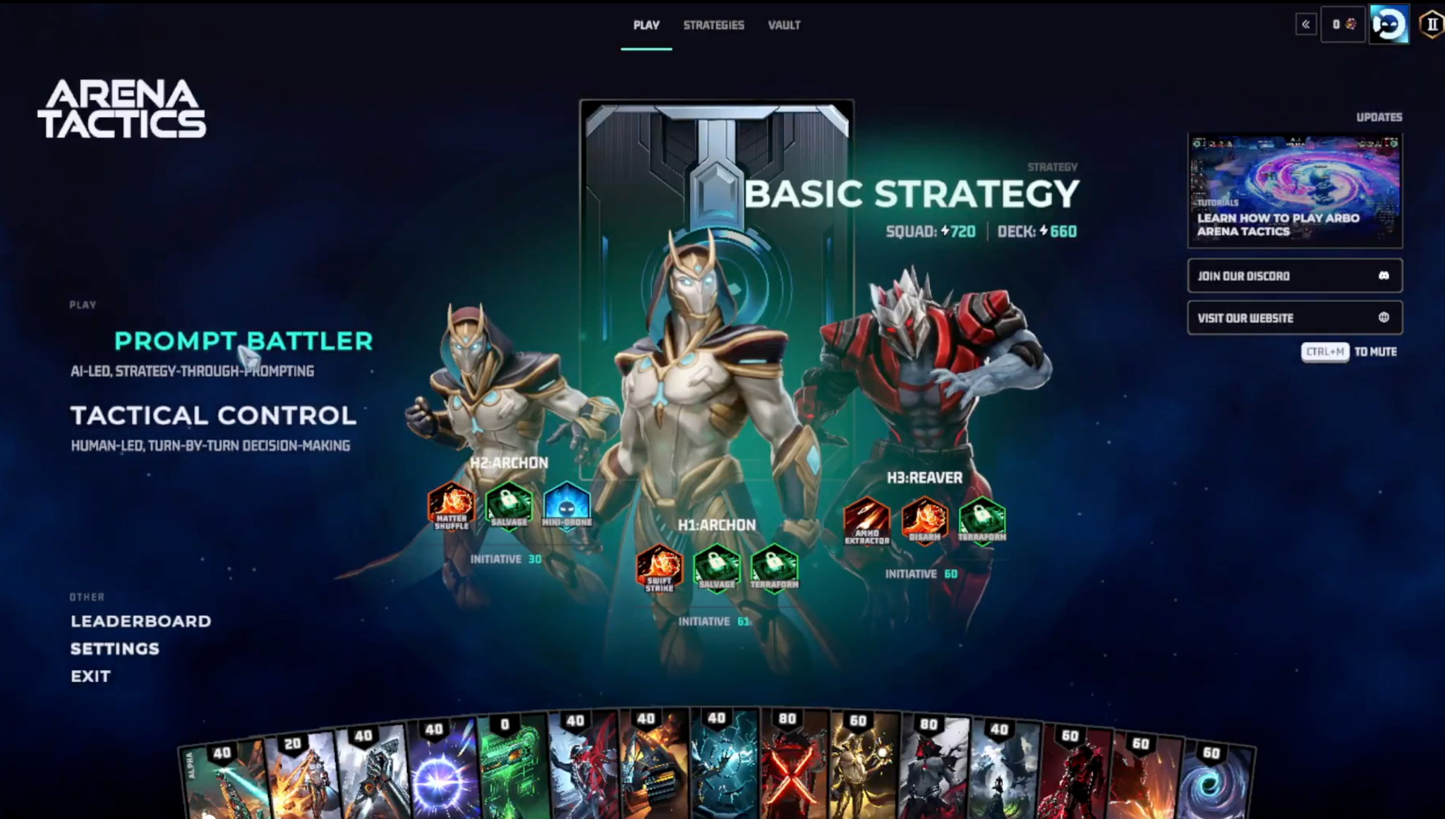 Arena Tactics menu showing Prompt Battler and Tactical Control modes