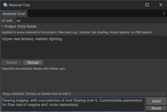 Material Chat interface showing a project style guide, asset drop zone, and natural-language material prompt