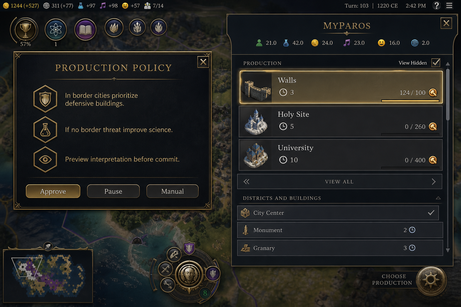 Production policy on a Civilization city queue