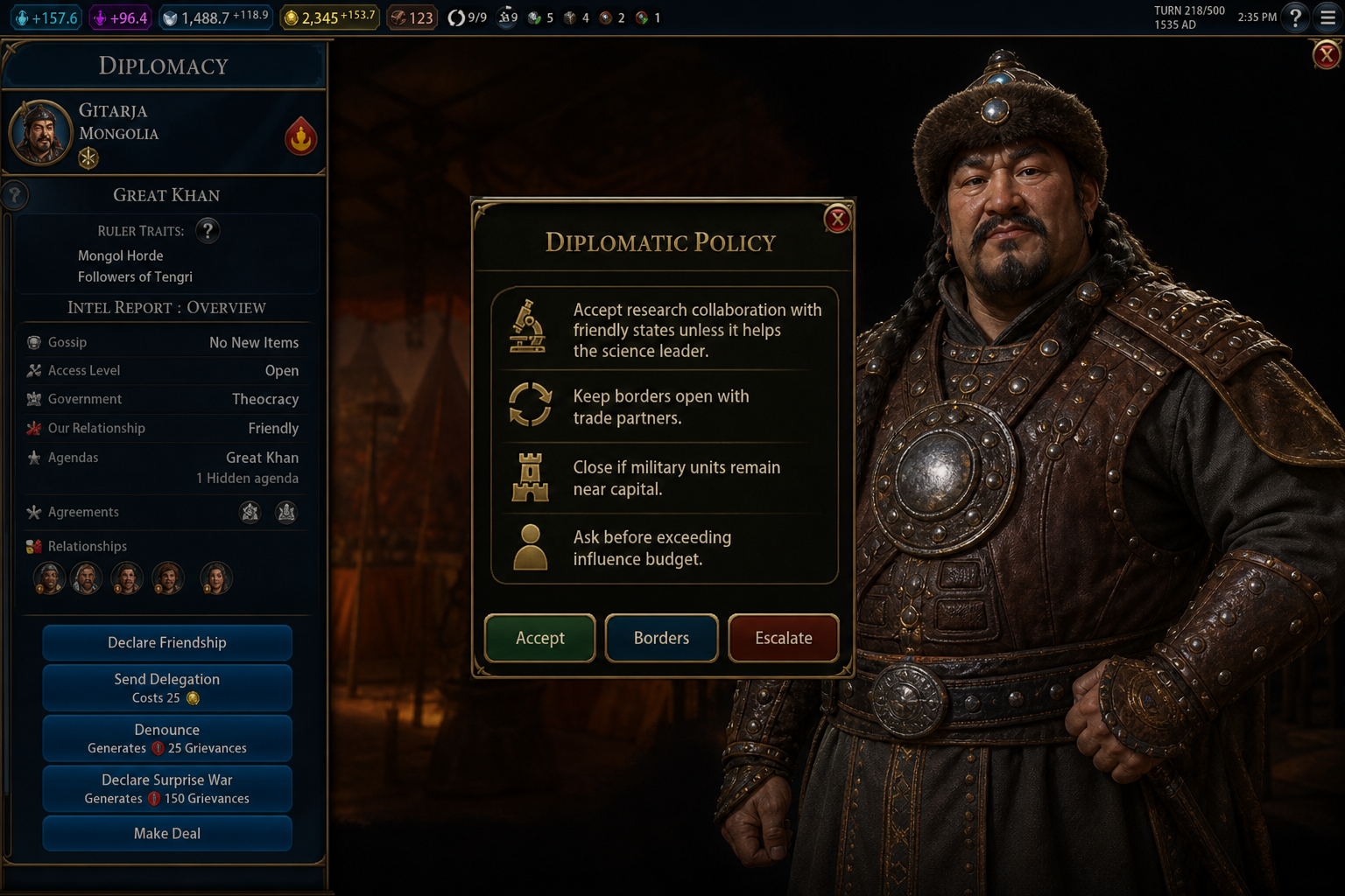 Diplomatic policy overlay on a Civilization diplomacy screen