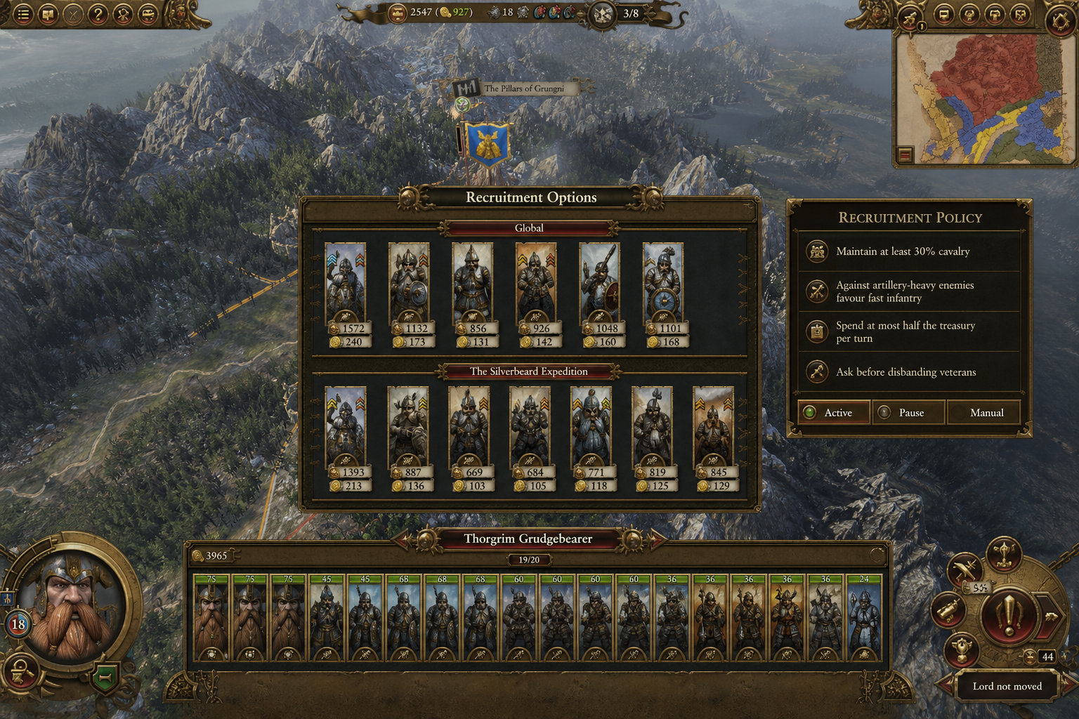 Total War recruitment screen with a language policy overlay for army composition