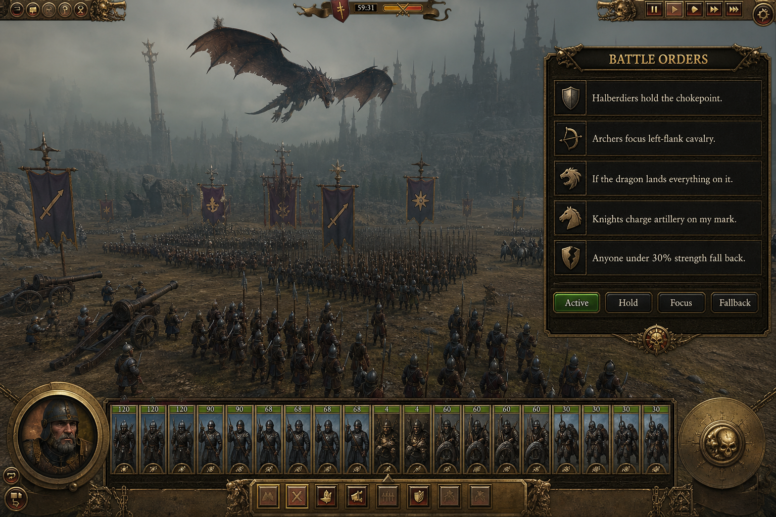 Total War battle with a language overlay for conditional unit orders